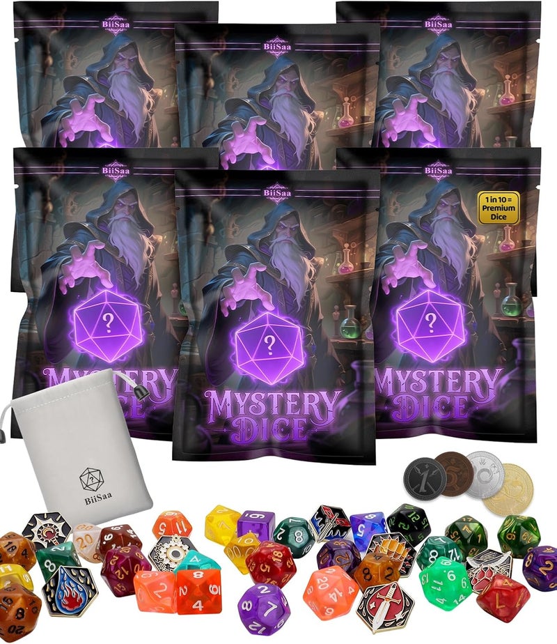 BiiSaa DND Mystery Dice Bundle – 6 Blind Bags w/ 7 Polyhedral RPG Dice, 4 Metal Coins, Enamel Pin & Velvet Bag Each – 1 in 10 to Get Premium Set – Gift for TTRPG Players, DMS & Dice Goblins (6 Packs Set) - Image 1